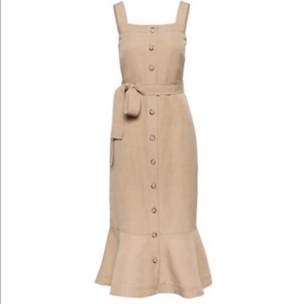 Banana Republic Linen Blend Button Down Beige Midi Dress